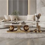 طقم طرابيزة قهوة بيضاوي رخام ودهبي (١٣٠×٧٠×٤٥ سم)