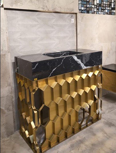 Luxury marble bathroom vanity with brushed gold stainless steel base